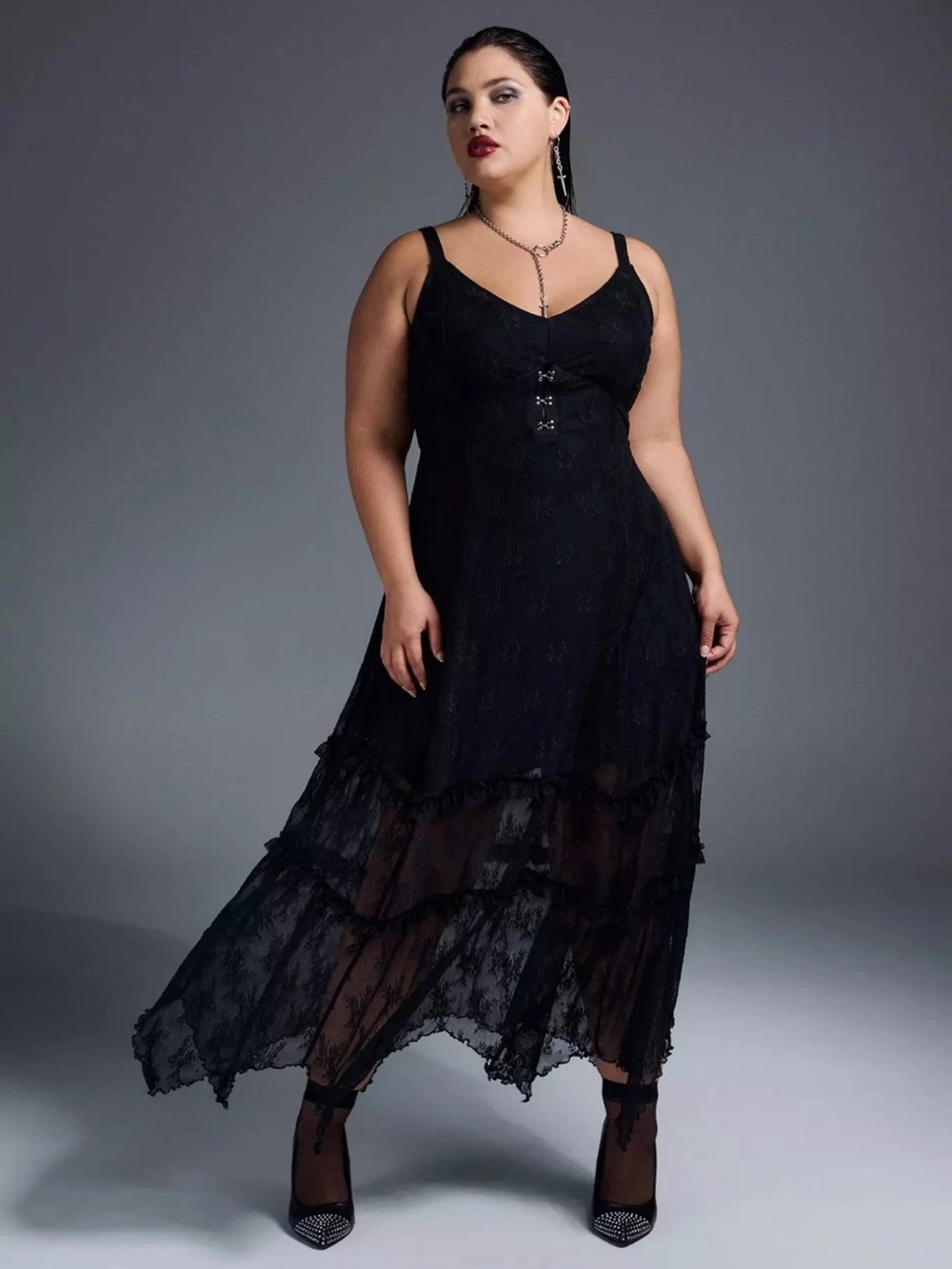 Torrid Nightfall by Torrid black lace maxi dress with ruffled tiers, size 1X.